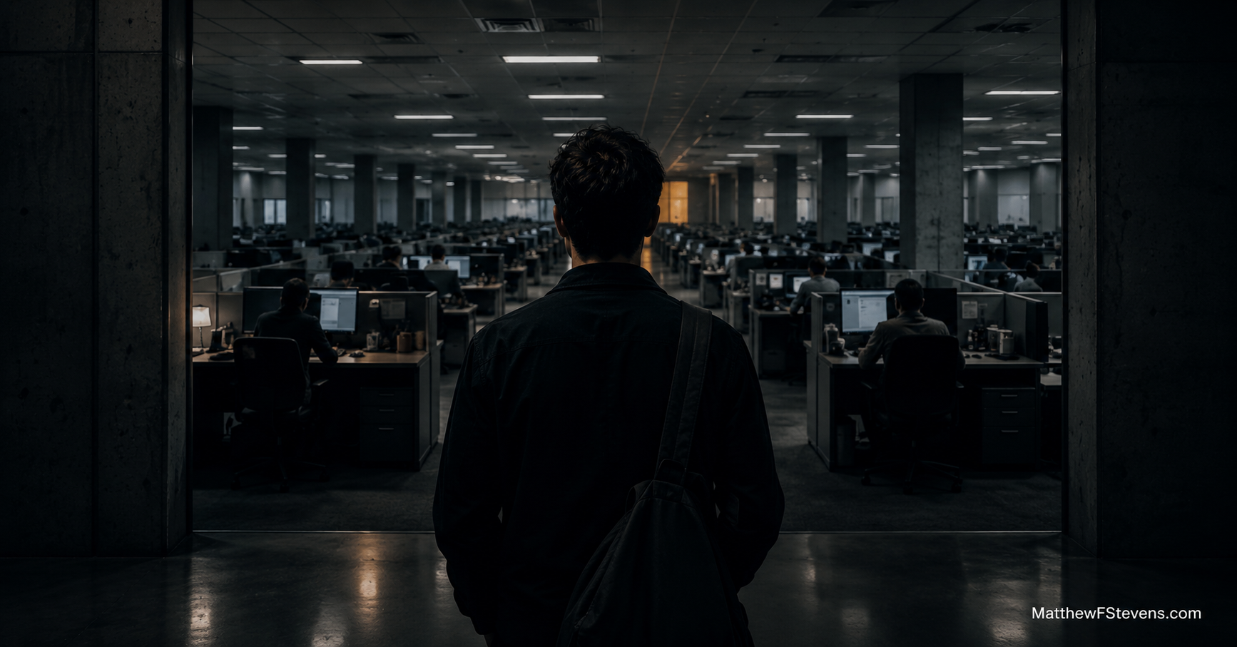 Gen Z workforce dysregulation - young worker standing at entrance of call center